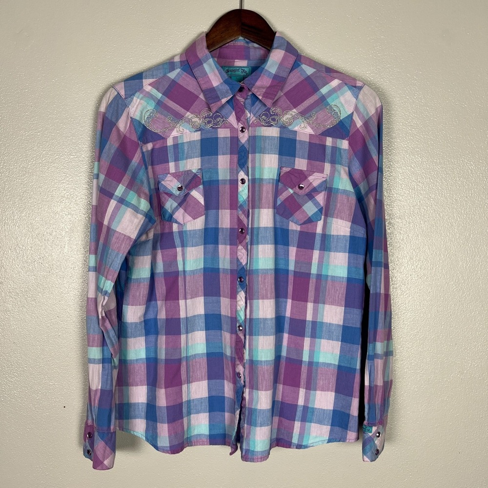 Cowgirl Up Snap Shirt Womens L Plaid Blue Purple Rhinestone Metallic Embroidery